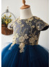 Cap Sleeves Gold Lace Navy Blue Tulle Tea Length Flower Girl Dress